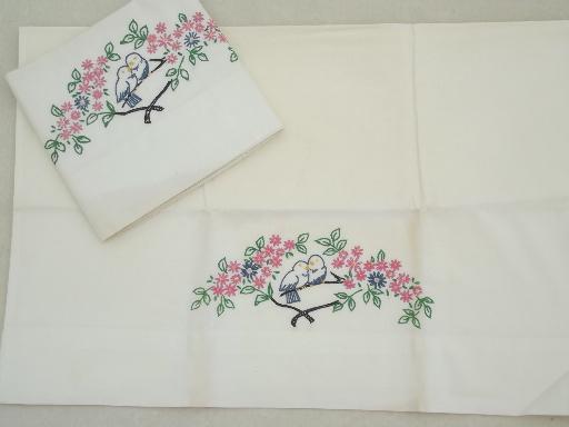 photo of old embroidered cotton pillowcases w/ crochet lace, vintage bed linens lot #3