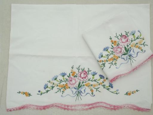 photo of old embroidered cotton pillowcases w/ crochet lace, vintage bed linens lot #5