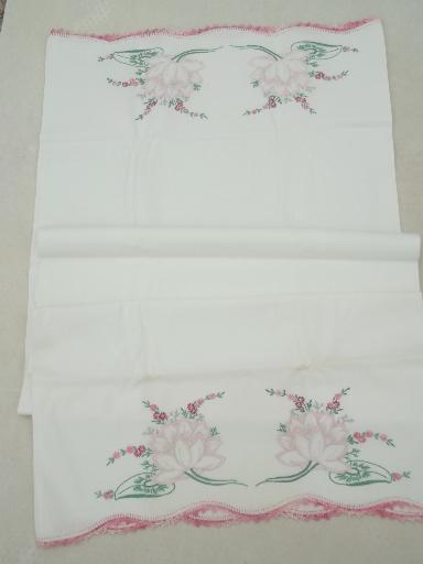 photo of old embroidered cotton pillowcases w/ crochet lace, vintage bed linens lot #7