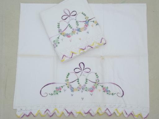 photo of old embroidered cotton pillowcases w/ crochet lace, vintage bed linens lot #9