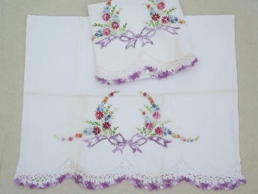 photo of old embroidered cotton pillowcases w/ crochet lace, vintage bed linens lot #10