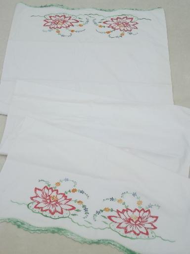 photo of old embroidered cotton pillowcases w/ crochet lace, vintage bed linens lot #11