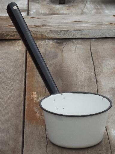 photo of old enamelware dipper, vintage black & white kitchenware enamel ladle #1