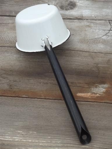 photo of old enamelware dipper, vintage black & white kitchenware enamel ladle #6