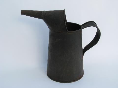 photo of old farm primitive tool, pitcher oil can, marked 1 qt liquid #1