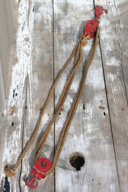 photo of old farm primitive tool, vintage block and tackle pulley hoist w/ rustic natural rope #3