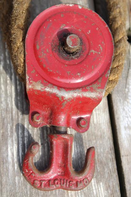 photo of old farm primitive tool, vintage block and tackle pulley hoist w/ rustic natural rope #5