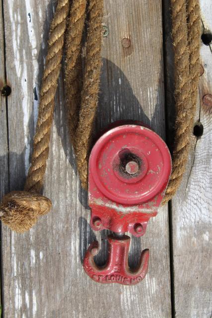 photo of old farm primitive tool, vintage block and tackle pulley hoist w/ rustic natural rope #6