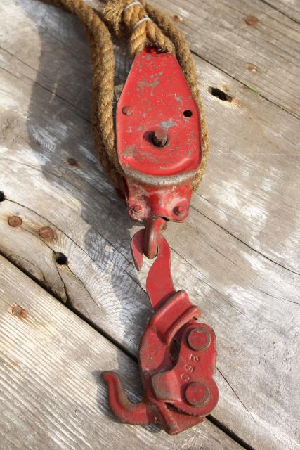 photo of old farm primitive tool, vintage block and tackle pulley hoist w/ rustic natural rope #7