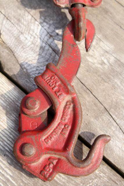 photo of old farm primitive tool, vintage block and tackle pulley hoist w/ rustic natural rope #9