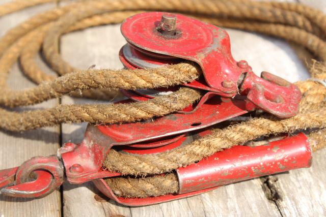 photo of old farm primitive tool, vintage block and tackle pulley hoist w/ rustic natural rope #10