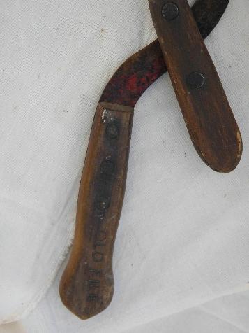 photo of old farm tools, lot of vintage corn knives, sickle cutter blades #2