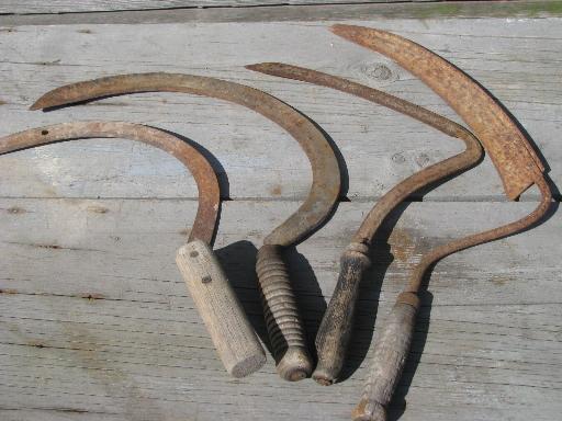 photo of old farm tools lot, vintage corn knives w/ sickle cutter blade and wood handle #1