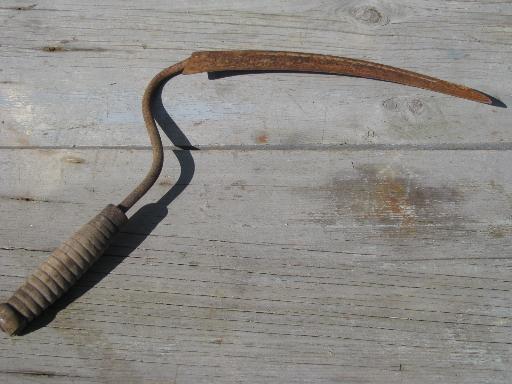 photo of old farm tools lot, vintage corn knives w/ sickle cutter blade and wood handle #3