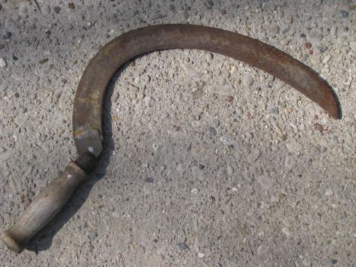 photo of old farm tools lot, vintage corn knives w/ sickle cutter blade and wood handle #3