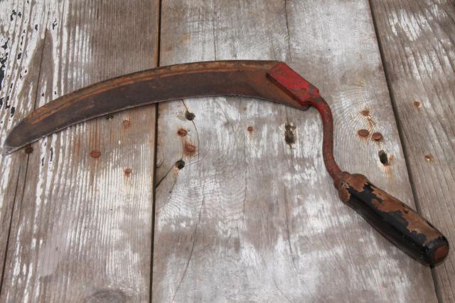 photo of old farm tools lot, vintage corn knives w/ sickle cutter blade & wood handle #7