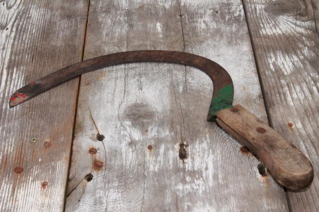 photo of old farm tools lot, vintage corn knives w/ sickle cutter blade & wood handle #9