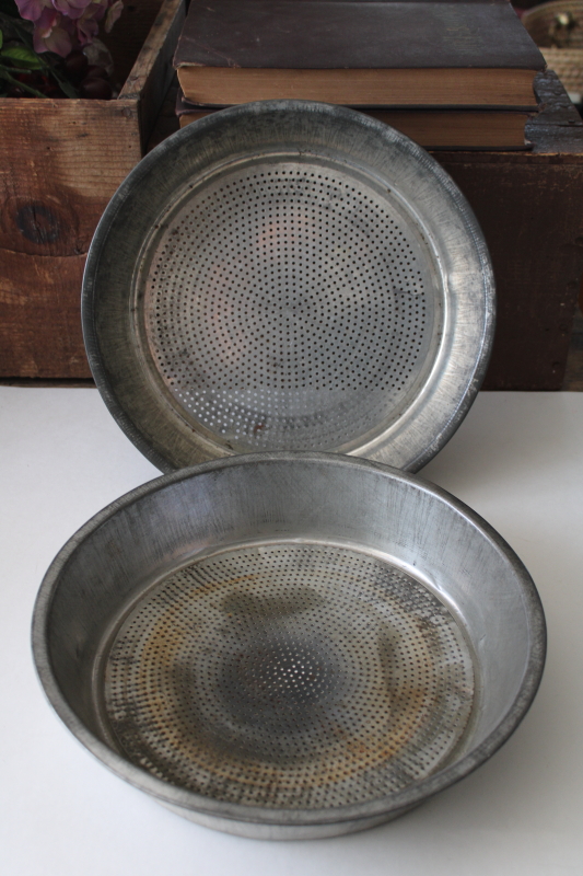 photo of old farmhouse dairy milk strainer pans, tin colander bowls w/ vintage patina #1