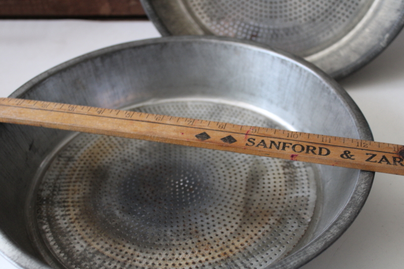 photo of old farmhouse dairy milk strainer pans, tin colander bowls w/ vintage patina #2