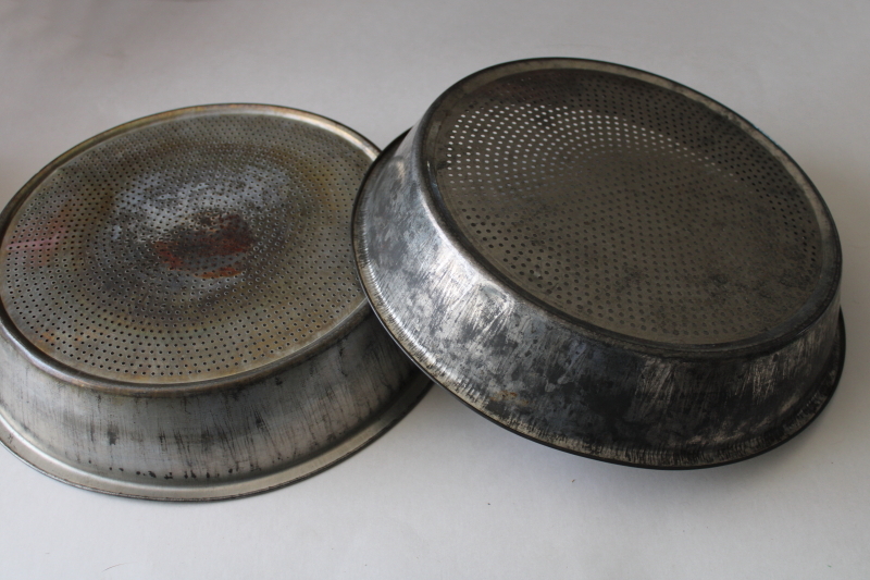 photo of old farmhouse dairy milk strainer pans, tin colander bowls w/ vintage patina #3