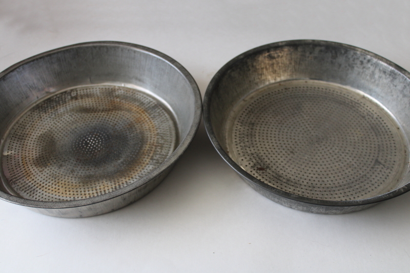 photo of old farmhouse dairy milk strainer pans, tin colander bowls w/ vintage patina #4