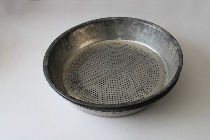 photo of old farmhouse dairy milk strainer pans, tin colander bowls w/ vintage patina #5