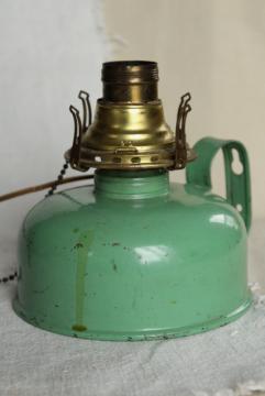 catalog photo of old farmhouse oil lamp, 1920s vintage jadite green tin chamber lamp electrified