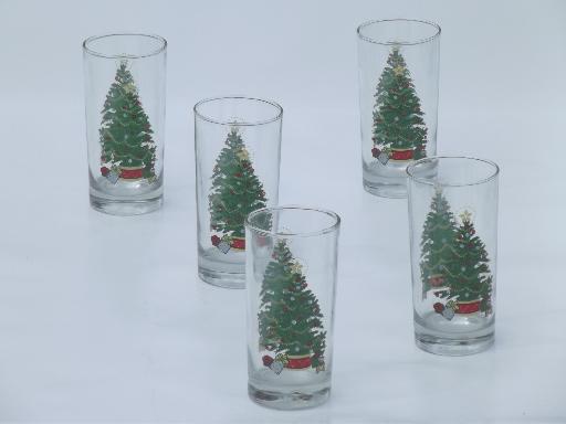 photo of old fashioned Christmas tree  w/ toys glass tumblers, vintage holiday glasses #1