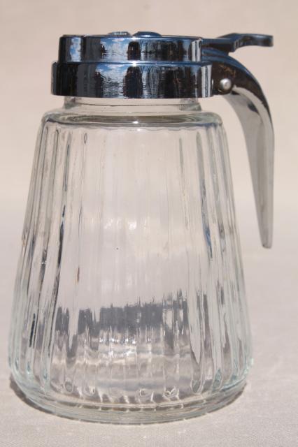 photo of old fashioned glass syrup pitcher w/ drip cut type metal dispenser lid #1