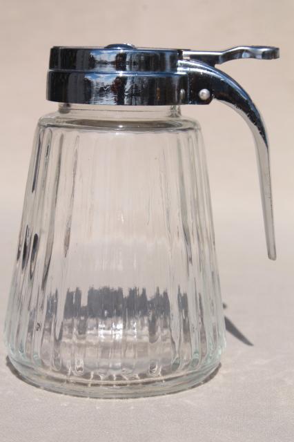 photo of old fashioned glass syrup pitcher w/ drip cut type metal dispenser lid #2