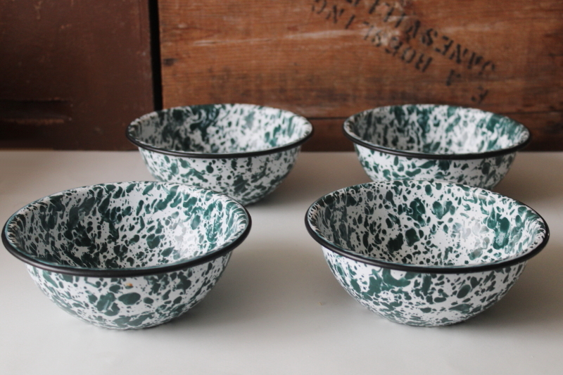 photo of old fashioned green & white splatter spatterware enamel ware chili or stew bowls  #1