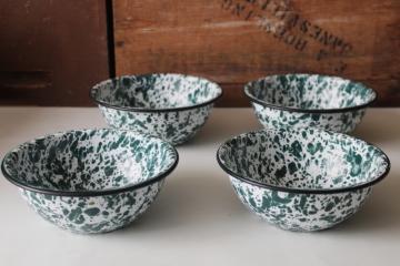 catalog photo of old fashioned green & white splatter spatterware enamel ware chili or stew bowls 