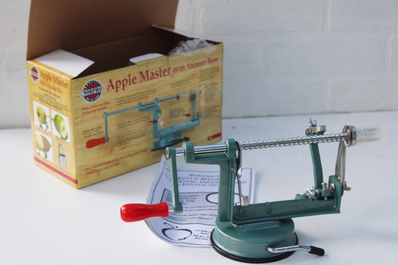 photo of old fashioned green metal hand crank apple peeler corer slicer, vintage style kitchen tool #5