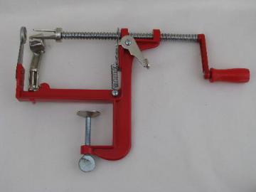 catalog photo of old fashioned hand crank metal apple peeler / corer or potato peeler