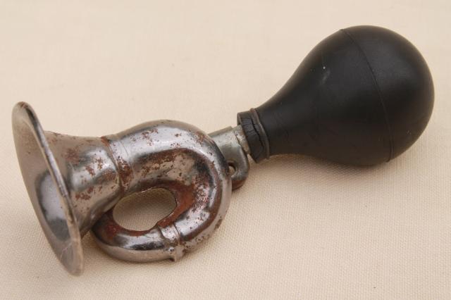 photo of old fashioned - loud! - bicycle horn, rusty and crusty w/ original vintage rubber bulb #1