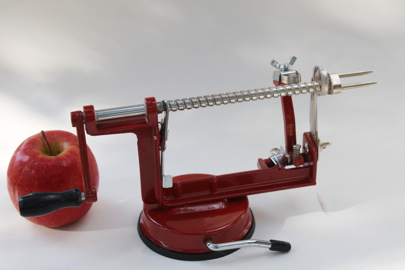 photo of old fashioned red metal hand crank apple peeler, vintage style kitchen tool #4