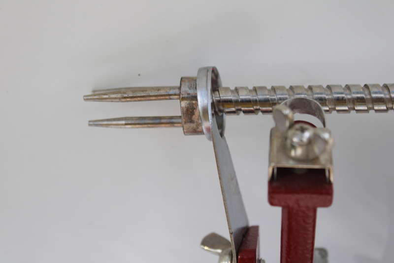 photo of old fashioned red metal hand crank apple peeler, vintage style kitchen tool #2