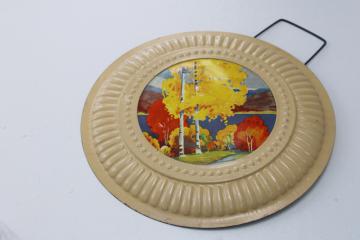 old fashioned tin flue cover for chimney stove pipe, vintage metal plate w/ autumn trees scene