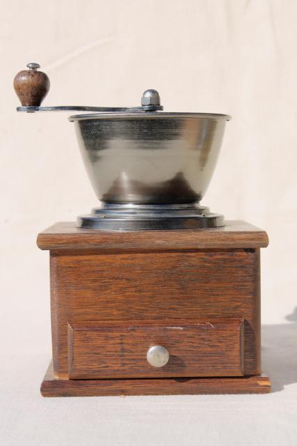 photo of old fashioned vintage coffee mill, hand crank coffee grinder wood box w/ drawer #2