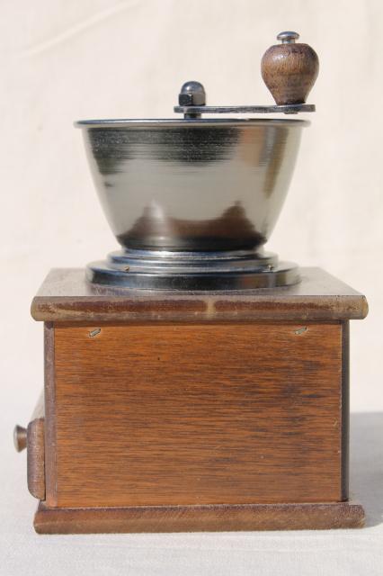 photo of old fashioned vintage coffee mill, hand crank coffee grinder wood box w/ drawer #3