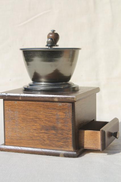 photo of old fashioned vintage coffee mill, hand crank coffee grinder wood box w/ drawer #4