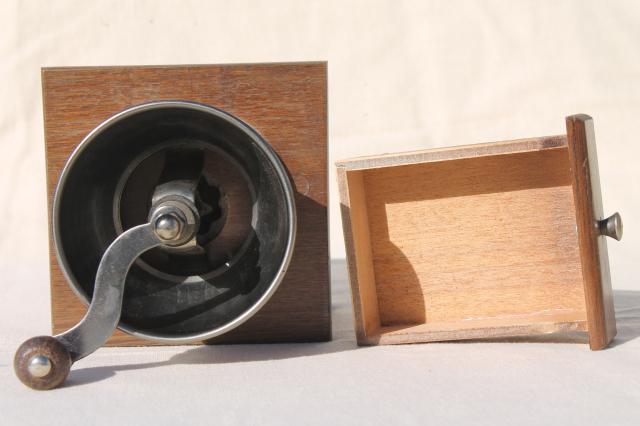 photo of old fashioned vintage coffee mill, hand crank coffee grinder wood box w/ drawer #5