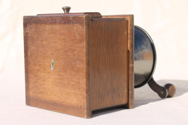 photo of old fashioned vintage coffee mill, hand crank coffee grinder wood box w/ drawer #6