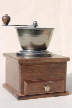 catalog photo of old fashioned vintage coffee mill, hand crank coffee grinder wood box w/ drawer