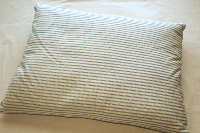 photo of old feather pillow w/ indigo blue striped cotton ticking, rustic primitive country farmhouse #1