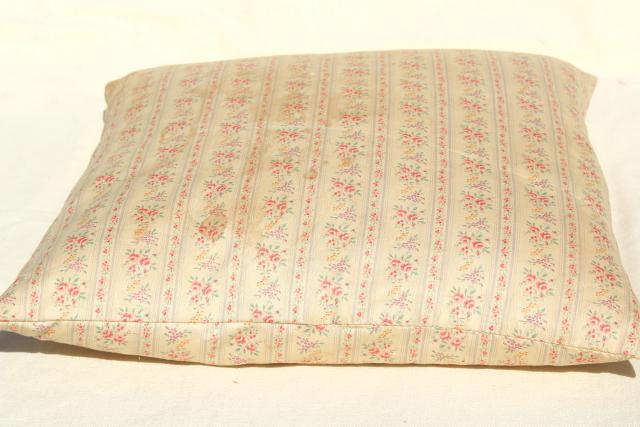 photo of old feather pillow, square seat cushion, grubby vintage flowered ticking fabric #5