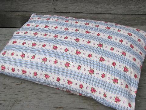 photo of old feather pillow, vintage flowered striped cotton fabric cover #1