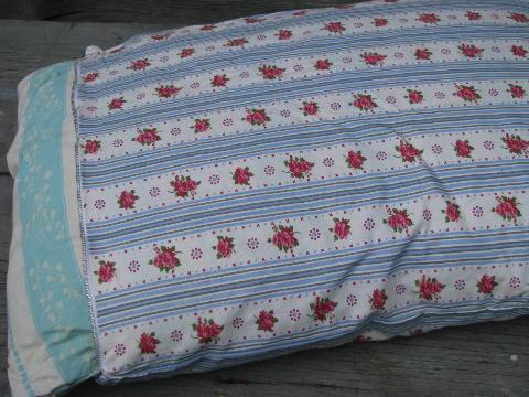 photo of old feather pillow, vintage flowered striped cotton fabric cover #3