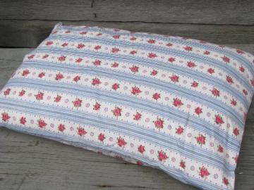 catalog photo of old feather pillow, vintage flowered striped cotton fabric cover