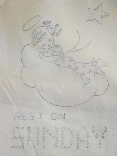 photo of old floursack feed sack towels, kitchen angels days of the week to embroider #2